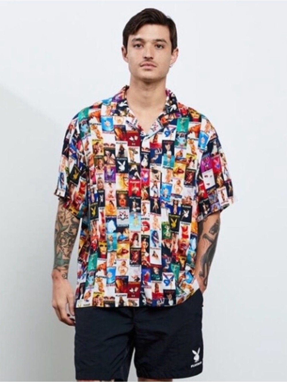 Playboy By PacSun Cover Collage Centerfold Camp Shirt Button Front Mens Small